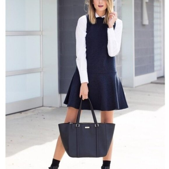 Loft Navy Blue Pinstripe Knit Swing Micro Ultra Mini Shift Sleeveless Dress XS P - Picture 7 of 8